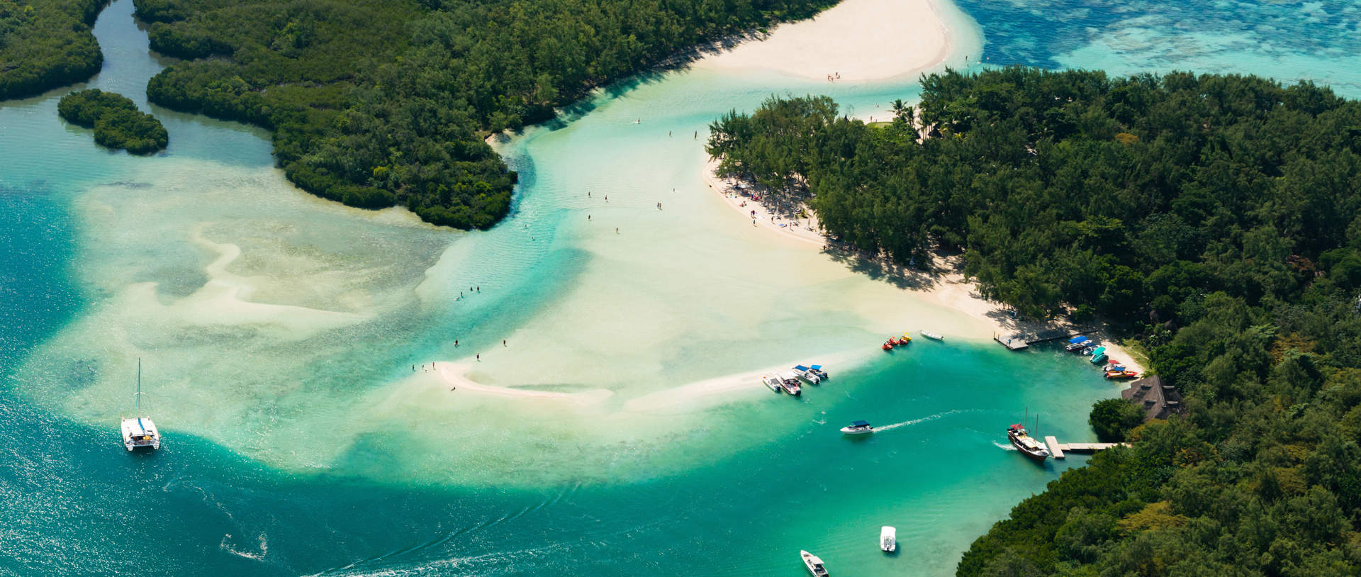 Aerial Picture Of Mauritius Island Boat Sailing Around L'ile Aux Cerfs