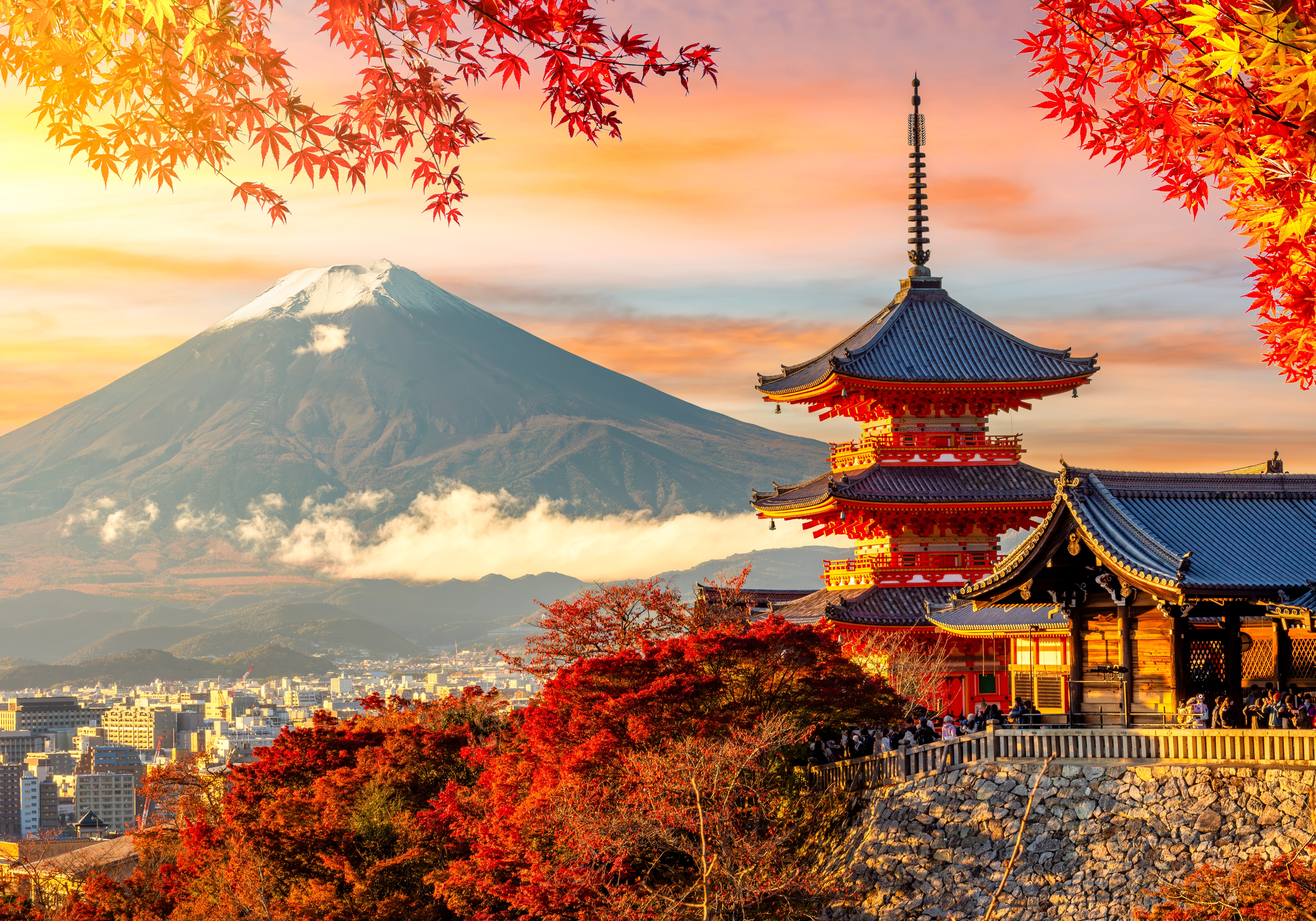 Kiyomizu Dera Temple In Kyoto And Mount Fuji At Autumn Sunset, Japan