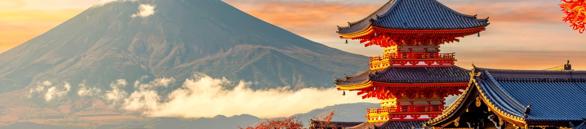 Kiyomizu Dera Temple In Kyoto And Mount Fuji At Autumn Sunset, Japan
