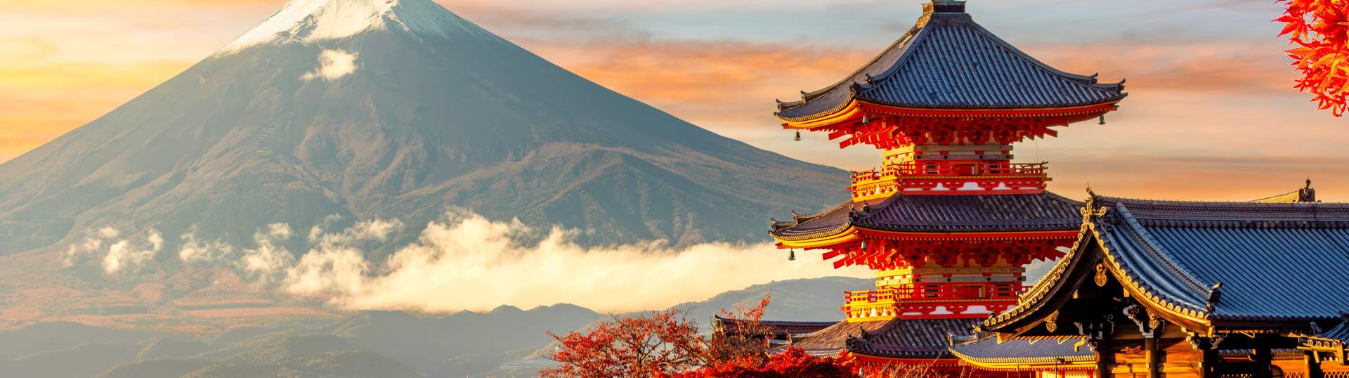 Kiyomizu Dera Temple In Kyoto And Mount Fuji At Autumn Sunset, Japan