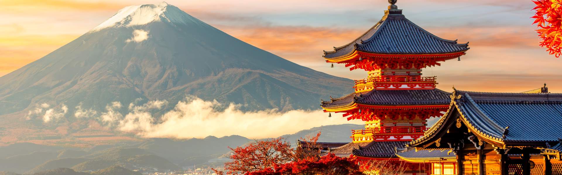 Kiyomizu Dera Temple In Kyoto And Mount Fuji At Autumn Sunset, Japan