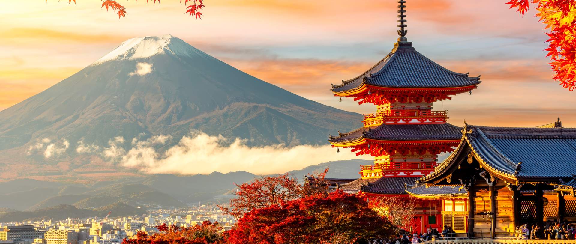 Kiyomizu Dera Temple In Kyoto And Mount Fuji At Autumn Sunset, Japan