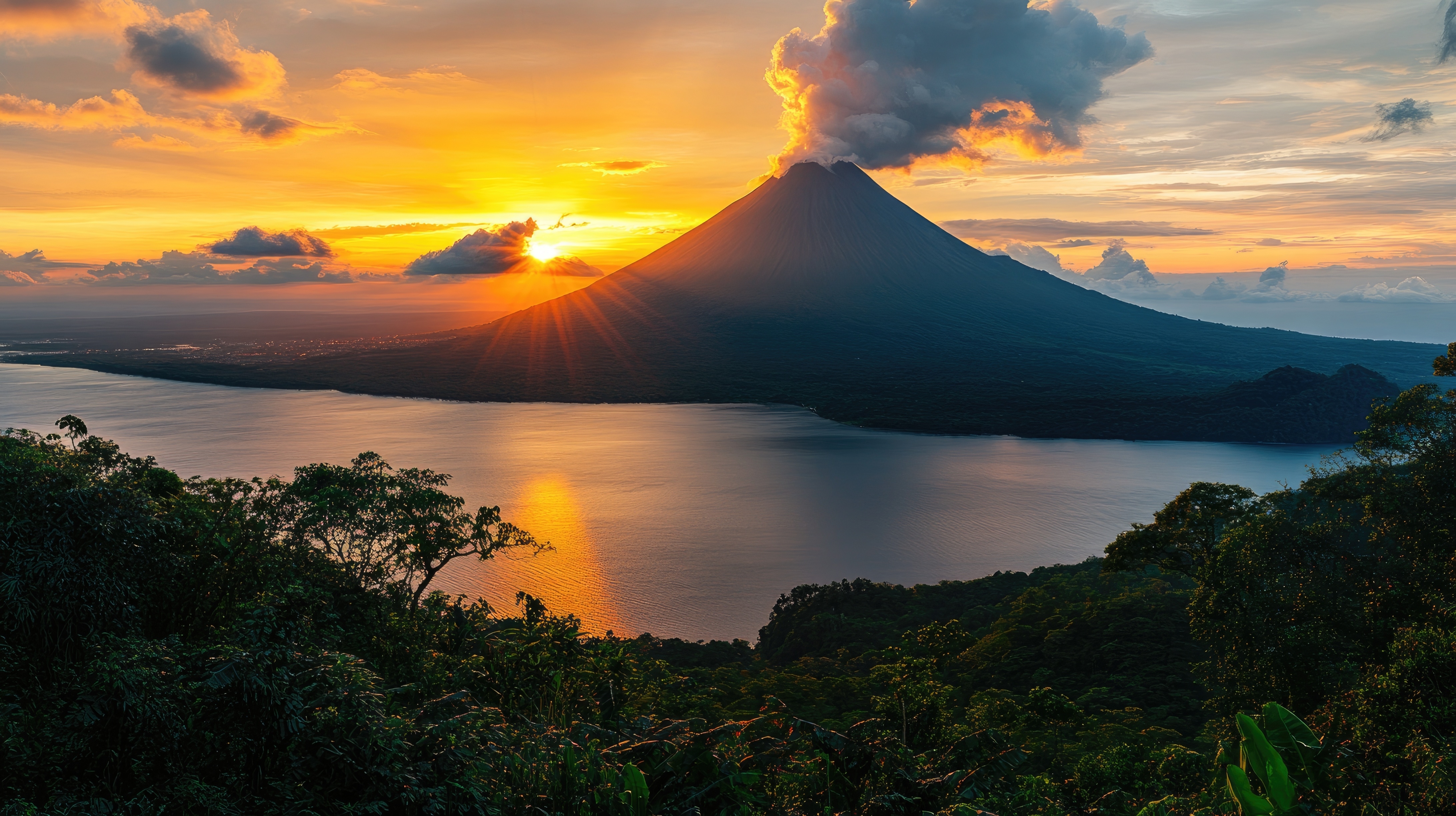 Arenal Volcano Rising Above Rainforest, With A Lake Costa Rica