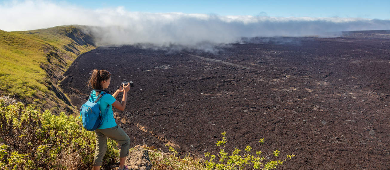 Woman Hiking Sierra Negra Volcano Galapagos