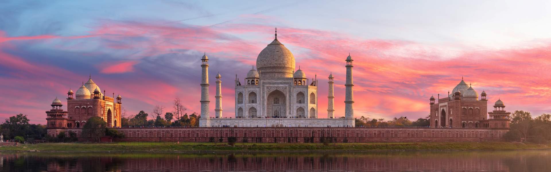 Famous Taj Mahal On Sunset, View From The River Yamuna, Agra, India