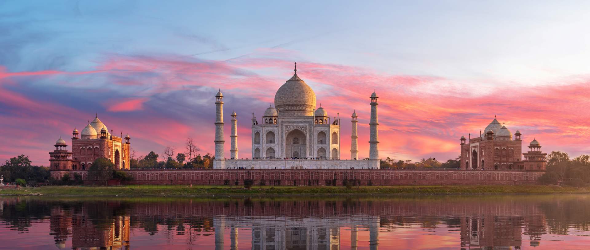 Famous Taj Mahal On Sunset, View From The River Yamuna, Agra, India