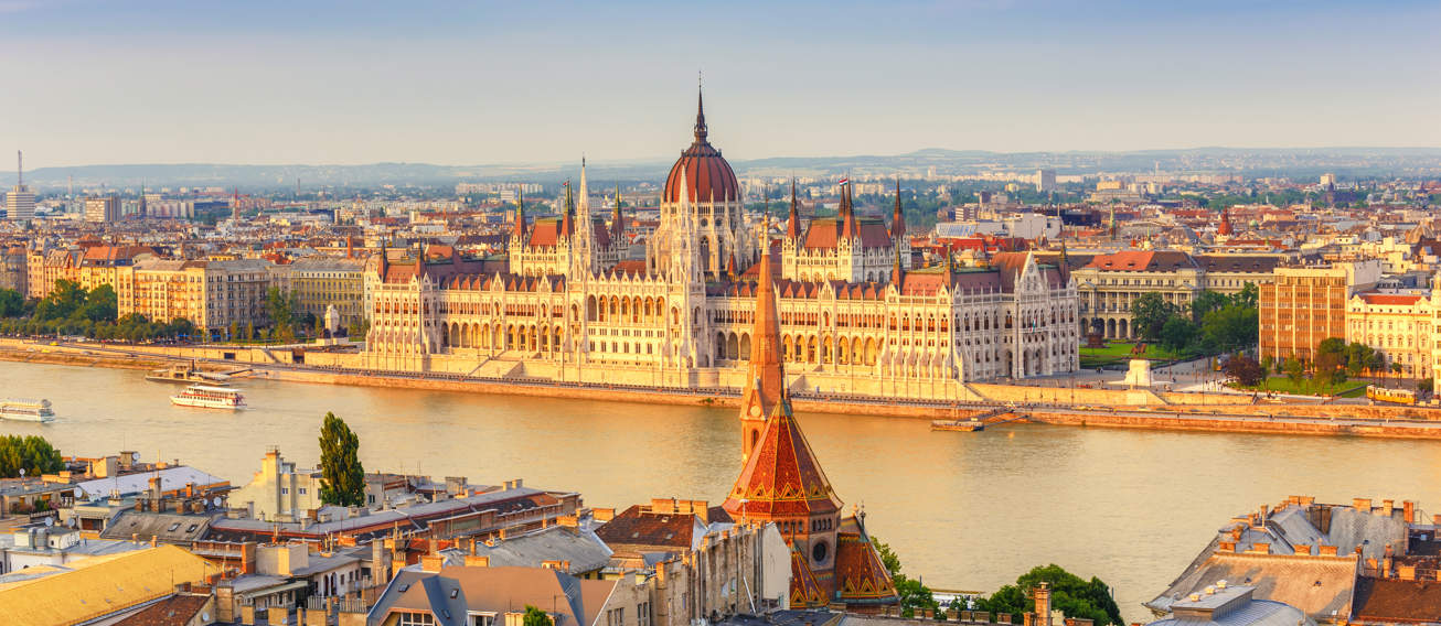 Budapest Hungary City Skyline At Hungalian Parliament And Danube River